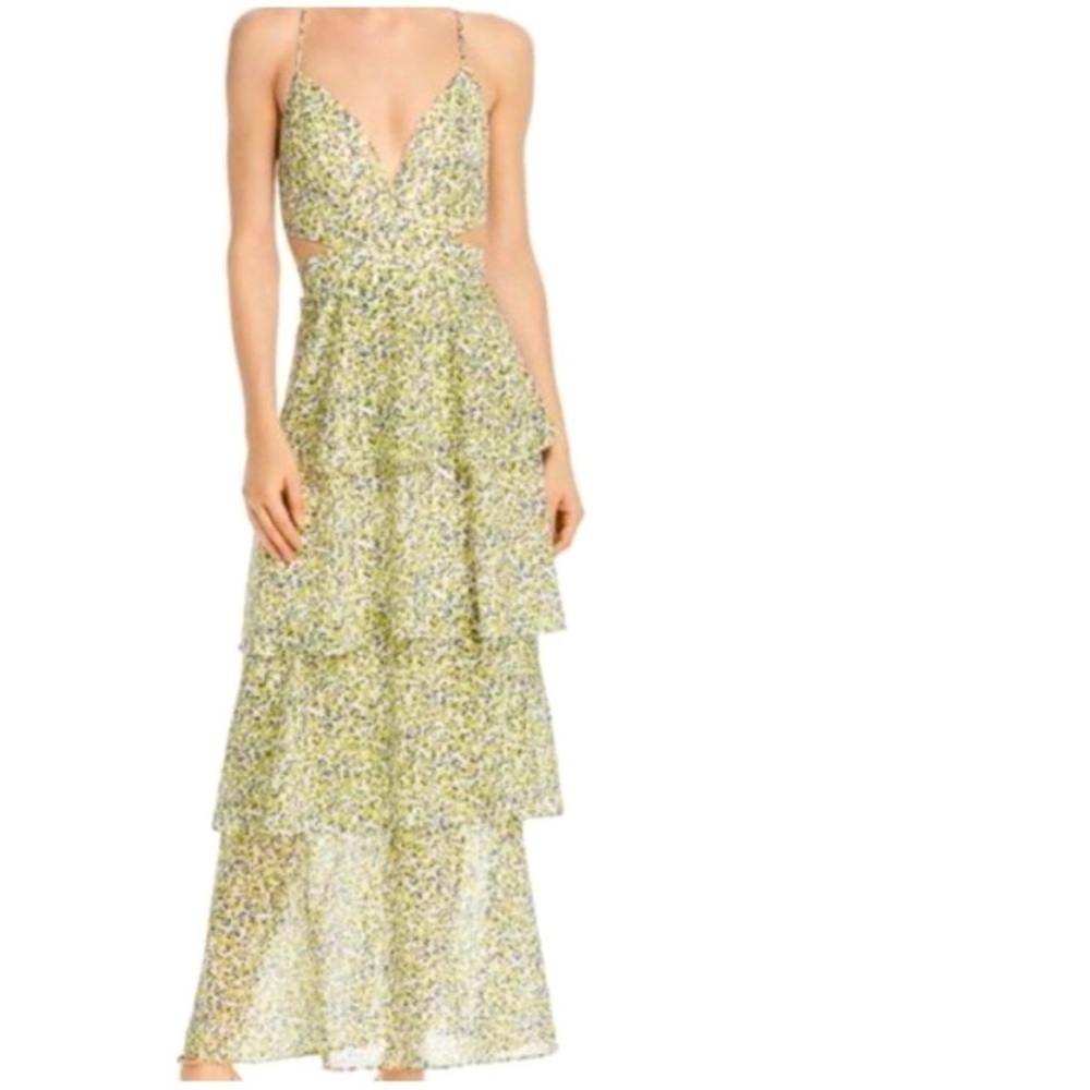 Aqua Yellow Floral Tiered Spaghetti Strap Maxi Dress Side Cut Outs Size Large